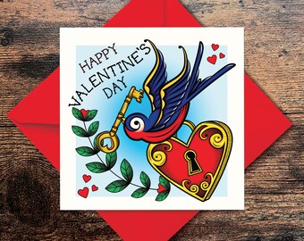 Alternative Valentine’s Day Card – Tattoo Inspired Swallow with Heart Padlock & Key – Square Love Card
