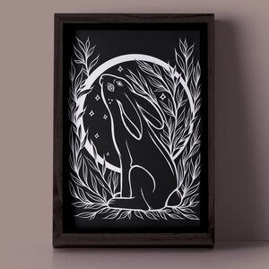 Moon Gazing Hare Rabbit in Foliage Stars - Black and White - Art Print ...
