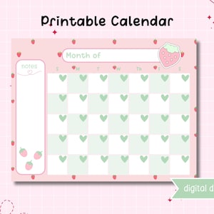 Printable Cute Strawberry Calendar - Undated Blank Calendar - Kawaii Pastel Calendar - Download and Print