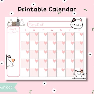 Druckbarer niedlicher Katzenkalender - Undatierter Blanko-Kalender - Kawaii Pastell Kalender - Herunterladen und drucken