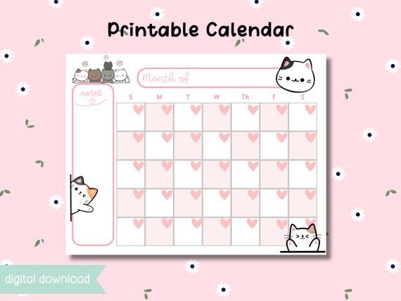 Printable Cute Cat Calendar - Undated Blank Calendar - Kawaii Pastel Calendar - Download and Print