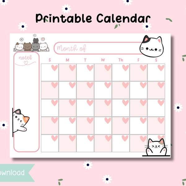 Printable Cute Cat Calendar - Undated Blank Calendar - Kawaii Pastel Calendar - Download and Print