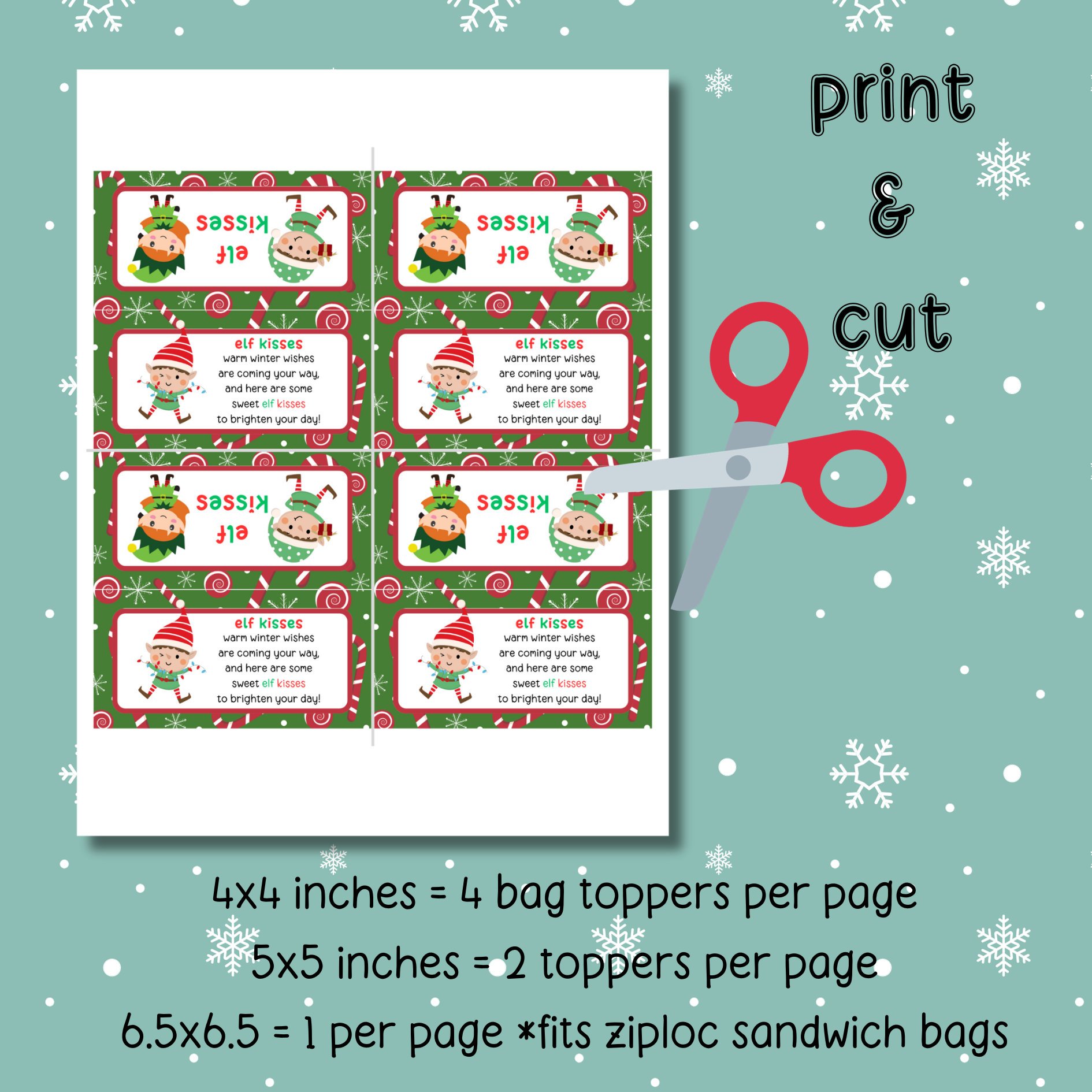 Elf Kisses Printable Treat Bag Topper Christmas Candy Bag Topper Elf ...
