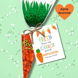 May include: A cone-shaped Easter treat bag filled with Reese's Pieces candies, tied with a twine bow, and a tag that reads "Fresh from the Carrot Patch, Happy Easter!" The bag is decorated with green grass and carrot graphics.