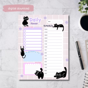 May include: A daily planner page with a light purple grid background, featuring black cat illustrations, purple flowers, and sections labeled Daily Planner, To Do List, Schedule, I'm grateful for, and Notes, with hourly slots from 06:00 to 9:00.