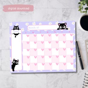May include: A monthly calendar planner page with a light purple background featuring white daisy flowers. The design includes a notes section and a grid with pink heart icons. Black cat illustrations appear at the top and side. Text includes digital download, Month of, notes, and S M T W Th F S.