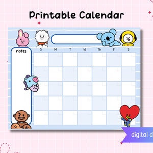 Printable Cute BT21 Calendar - Undated Blank Aesthetic Monthly Calendar - Kawaii Pastel Calendar - BTS Calendar - Download and Print