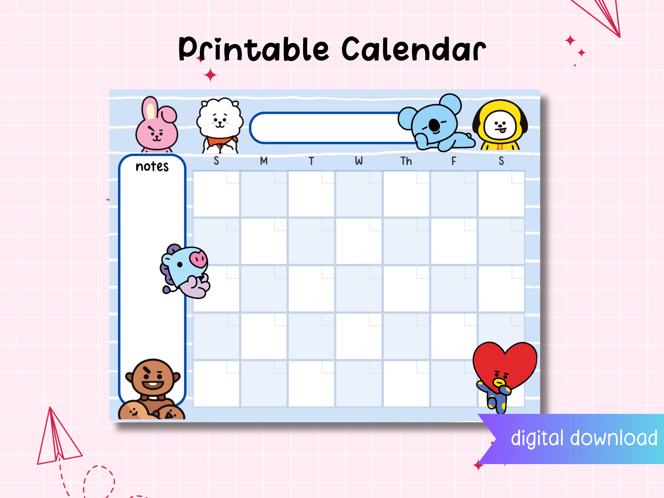 Printable Cute BT21 Calendar Undated Blank Aesthetic Monthly Calendar Kawaii Pastel Calendar BTS