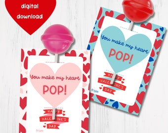 Printable Valentine Lollipop Holder - Printable Valentines for Students - Valentine's Day Cards for School - Pink and Blue - 3x4 inches