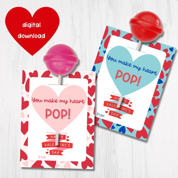 Porte-sucettes imprimable pour la Saint-Valentin - Saint-Valentin imprimable pour les étudiants - Cartes de la Saint-Valentin pour l'école - Rose et bleu - 3x4 pouces