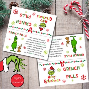 Grinch Pills Printable Treat Bag Topper - Christmas Candy Bag Topper - Grinch Pills Printable Tags - 3 Sizes Included