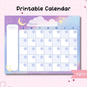 Druckbarer Niedlicher Stern Kalender - Undatierter Blank Ästhetischer Kalender - Kawaii Pastell Kalender - Herunterladen und drucken