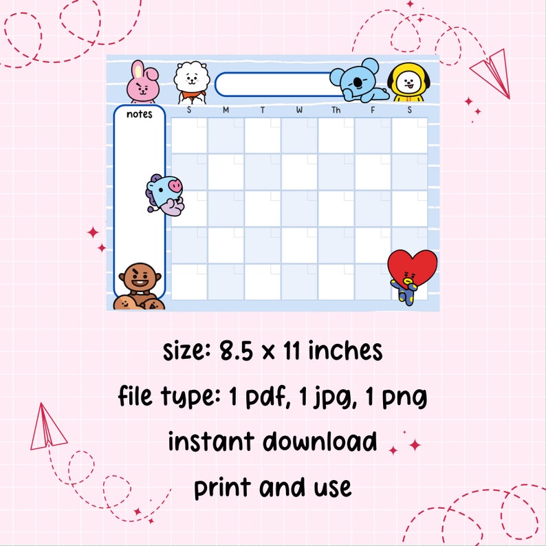 Printable Cute BT21 Calendar - Undated Blank Aesthetic Monthly Calendar ...