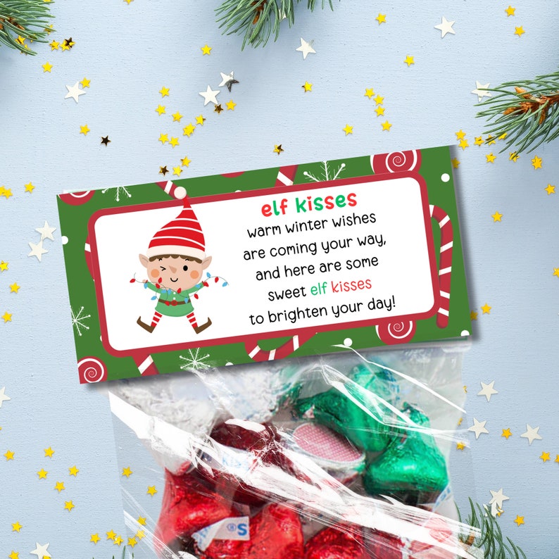 Elf Kisses Printable Treat Bag Topper Christmas Candy Bag Topper Elf ...