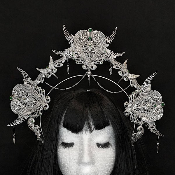 Lenore: (green gem only )halo headwear, bird skull, raven crown, winged headwear, goth accessory,  gothic crown, alt wedding, cosplay