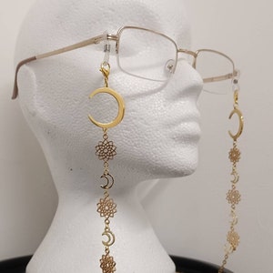Sol glasses chain: gothic eyewear, goth accessories,  alternative accessory, alt gift, gold moon, golden, floral, sun, fantasy, librarian