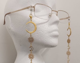 Sol glasses chain: gothic eyewear, goth accessories,  alternative accessory, alt gift, gold moon, golden, floral, sun, fantasy, librarian