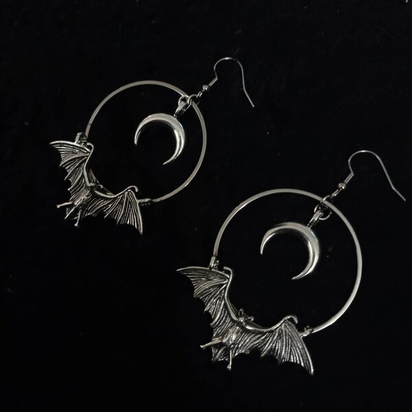 Nocturnal earrings: bat jewellery,  goth accessories,  gothic accessory,  alt gifts, alternative couture, vamp, vampire, moon, witch