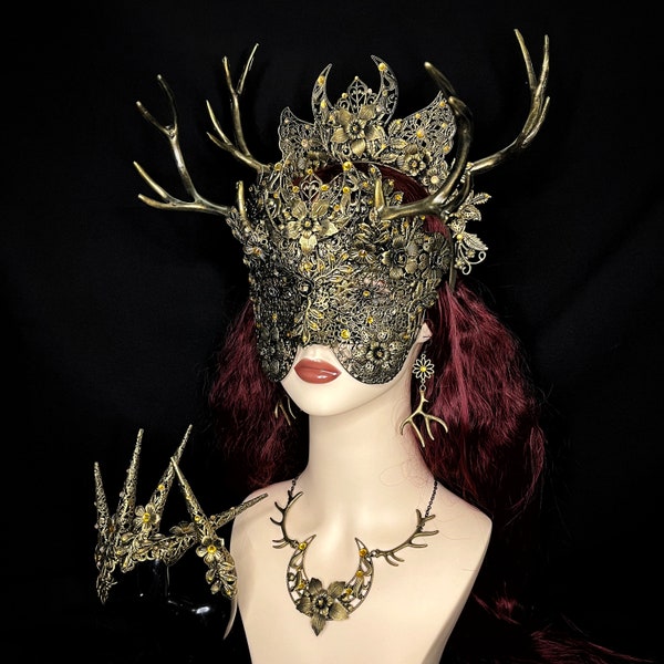 Faline: Gold Deer Headpiece Set, Masquerade Goth Crown, Mask, Jewelry