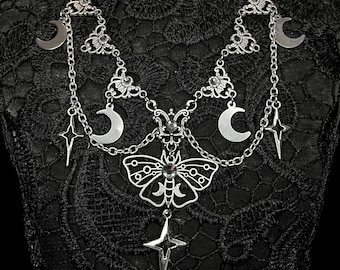 Luna Moth necklace: witchy pendant, gothic accessory, goth accessories, halloween, cosplay,alt statement jewellery,moon, stars, deathmoth