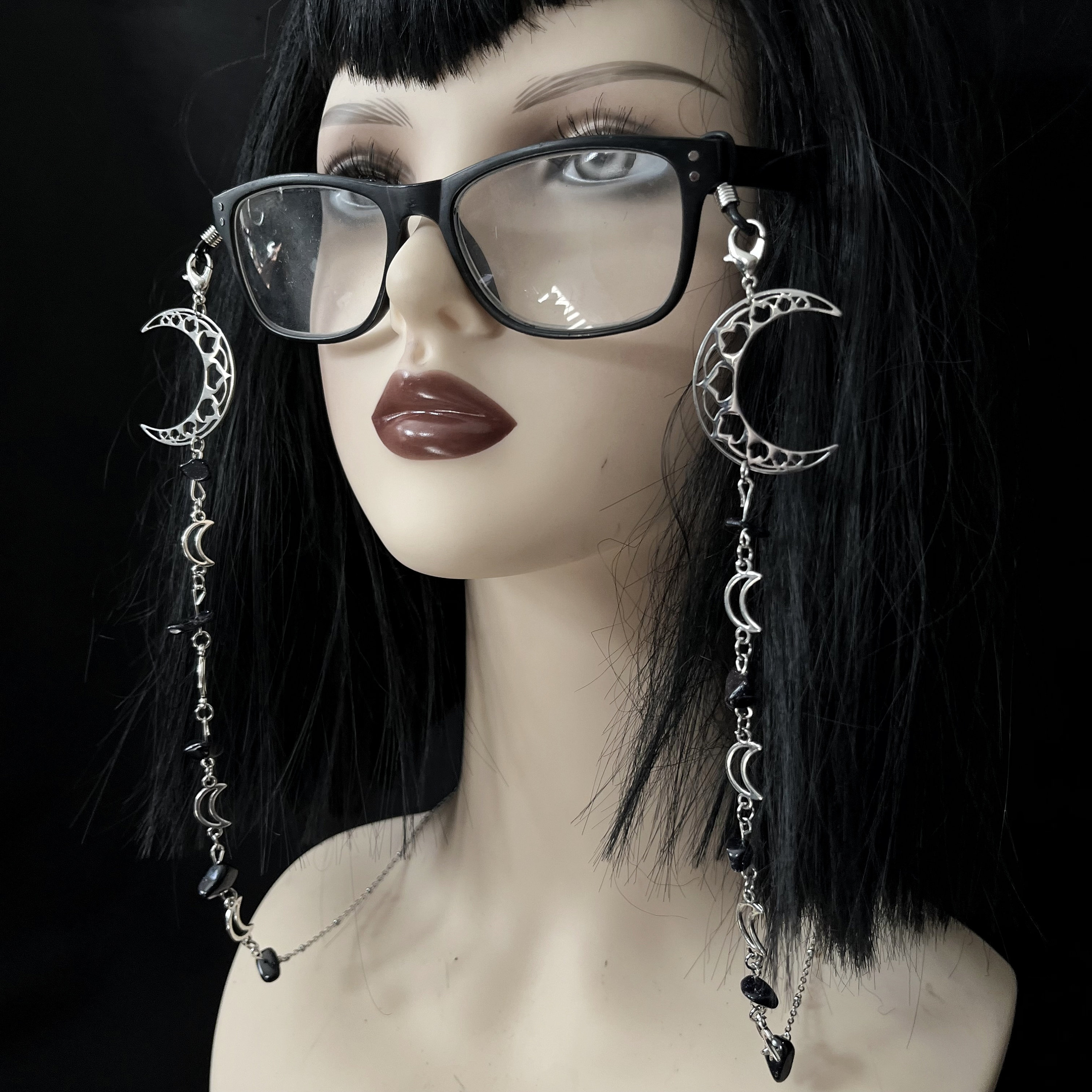 Galactic Moon Glasses Chain: Blue Sandstone Crystal, Alternative Eyewear