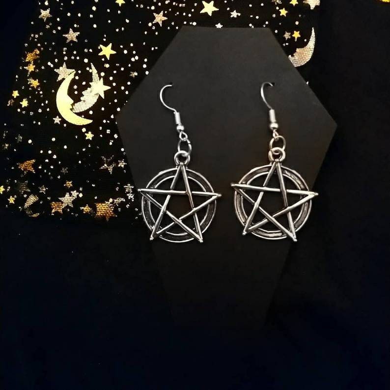 Moon & Aventurine Beads Jewelry Pagan drop earrings Pentagrams 