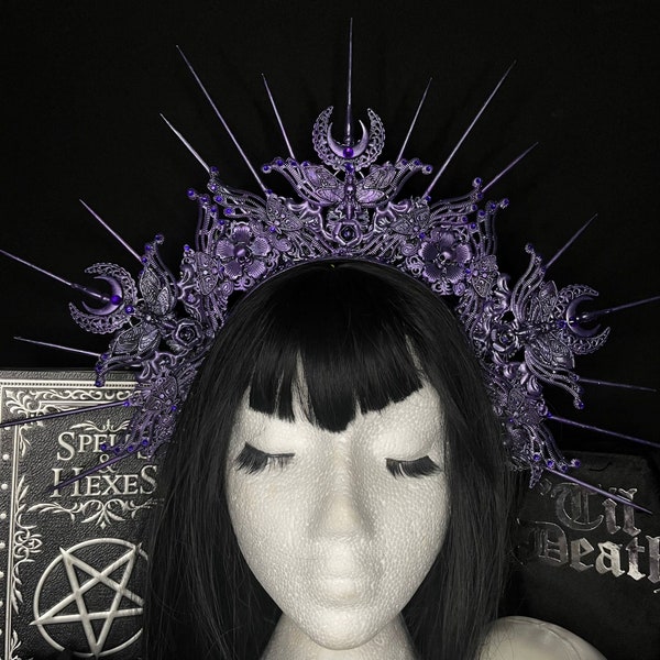 Zinnia Crown: gothic headwear, goth bride, moth, moon, queen, fantasy, cosplay, alt bride, alternative photoshoot, spikes, wedding, purple