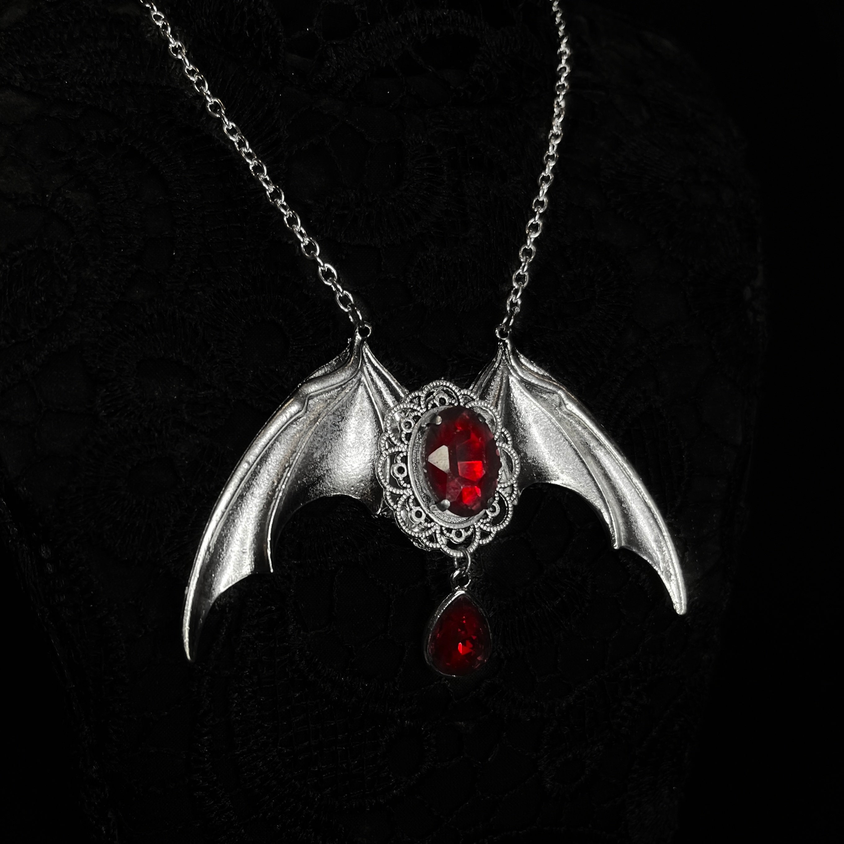 Vampire Bat Necklace: Gothic Red Stone Pendant, Stainless Steel Chain ...