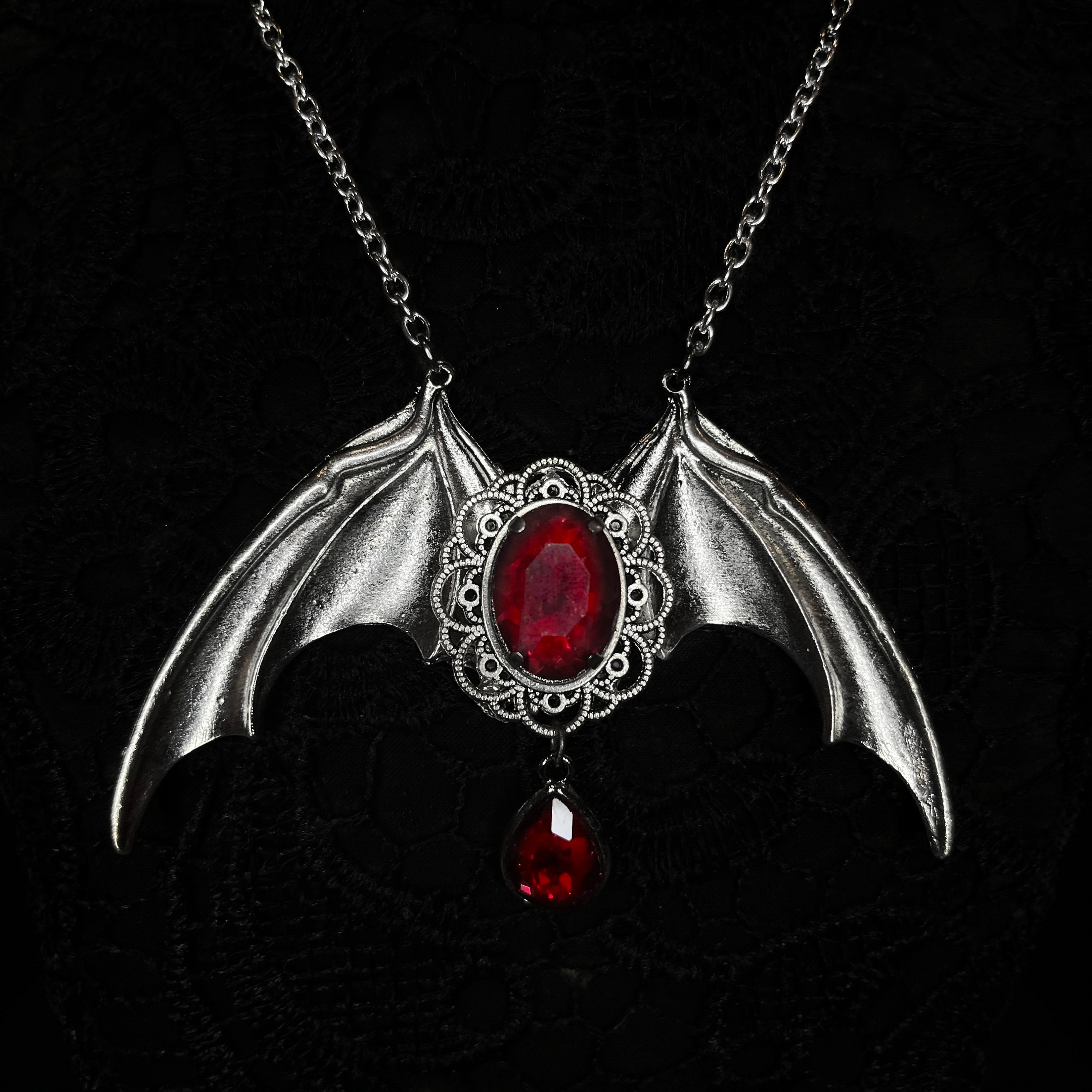 Vampire Bat Necklace: Gothic Red Stone Pendant, Stainless Steel