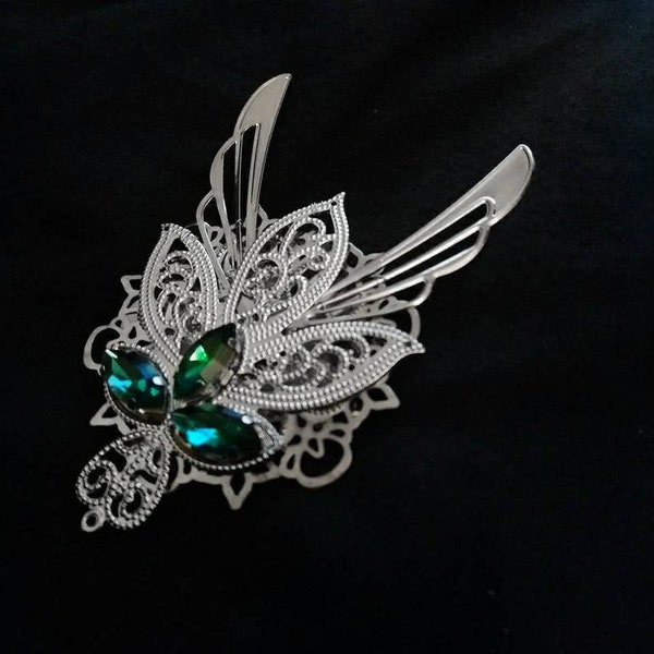 Pince Glen de fée, couvre-chef fantastique, barrette alternative, pince à cheveux gothique, elfique, elfe, broche cosplay, steampunk, couture, bois, ailes