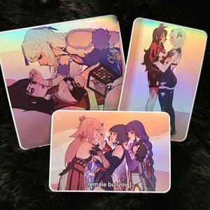 Juego de calcomanías de vinilo holográficas Genshin Impact GL/WLW (con Beidou x Ningguang, Raiden Ei x Yae Miko x Kujou Sara x Kokomi, Eula x Amber)