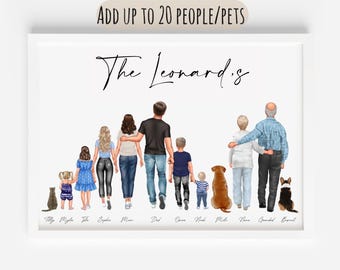 Personalised Family Portrait , Custom Family Print, Family Portrait With Dogs, Family Portrait With Pets, Mum Christmas Gift, Family Gift