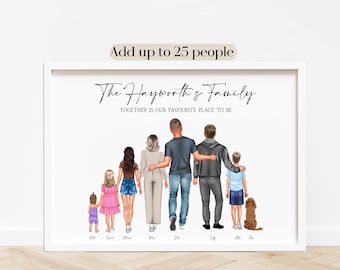 May include: A framed digital illustration of a family of seven and a dog standing in a row, with the text "Add up to 25 people", "The Hayworth's Family", and "TOGETHER IS OUR FAVOURITE PLACE TO BE" printed above the figures and names below.