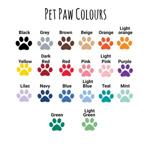 May include: A chart displaying various paw print colours for pets. The colours include black, grey, brown, beige, orange, light orange, yellow, dark red, red, pink, light pink, purple, lilac, navy, blue, light blue, teal, mint, green, and light green.