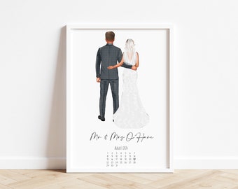 Personalised Wedding Couple Print, Wedding Couple Portrait, Bride And Groom Print, Wedding Gift For Couple, Paper Anniversary Gift