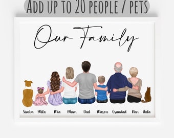 Personalised Family Print With Dogs, Family Print With Cats, Family Portrait Print,Family Print, Mothers Day Gift,Grandparents Print