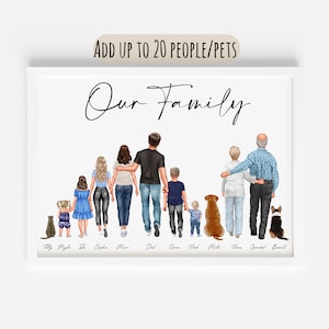 May include: A framed print with the words "Our Family" in elegant script. The artwork depicts a family of nine, including pets, walking together. The text "ADD UP TO 20 PEOPLE/PETS" is at the top. Names are listed below the figures.