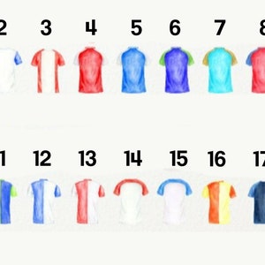 May include: A set of 18 illustrated football shirts in various colours and designs. The shirts are numbered 1 through 18.
