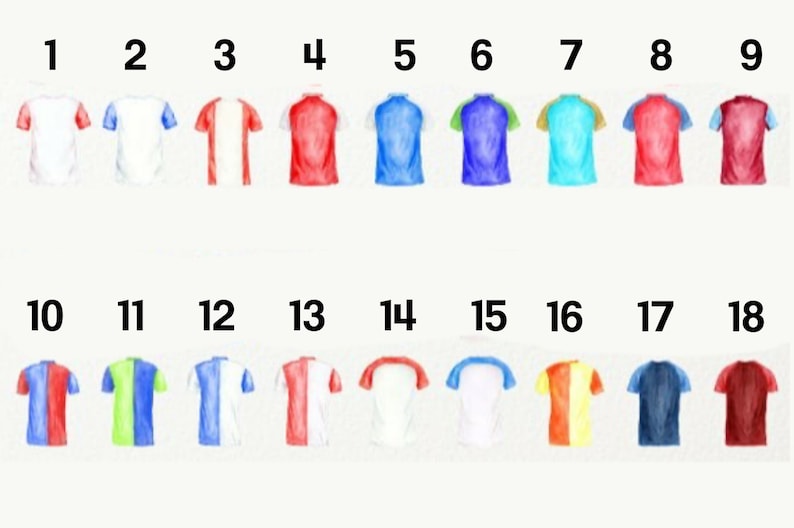 May include: A set of 18 illustrated football shirts in various colours and designs. The shirts are numbered 1 through 18.