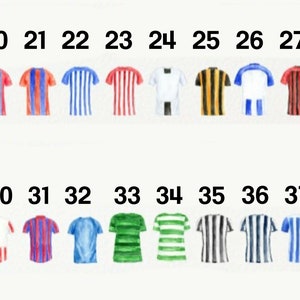 May include: A collection of 20 football shirts with different colour combinations and patterns. The shirts are numbered 19 through 38.
