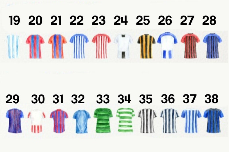 May include: A collection of 20 football shirts with different colour combinations and patterns. The shirts are numbered 19 through 38.