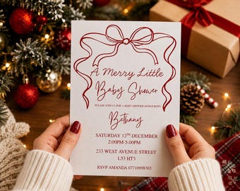 Può includere: Un biglietto d'invito rettangolare bianco per baby shower con testo rosso e un grafico a nastro rosso nella parte superiore. Il testo recita: A Merry Little Baby Shower, PLEASE JOIN US FOR A BABY SHOWER HONOURING Bethany, SATURDAY 12TH DECEMBER, 2:00PM-5:00PM, 233 WEST AVENUE STREET, L53 HT3, RSVP AMANDA 07710998765.