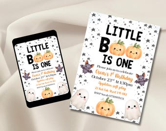May include: A rectangular invitation card and a matching digital display featuring the text Little Boo Is One. The design includes watercolor illustrations of orange pumpkins, smiling white ghosts, purple bats, and black stars on a white background.