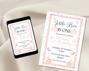 May include: A rectangular birthday invitation card and a digital tablet displaying the same design. The white card features a scalloped pink border, pink pumpkins, ghosts, and moons, with the text Little Boo IS ONE, Maisies 1st Birthday, Saturday 25th October, At 2pm, 24 west avenue street 156 RD1, and RSVP 07710997865.