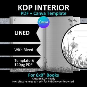 CANVA 6x9" LINED Meadow Dragonfly Interior Editable Template Blank Notebook Journal for Amazon KDP | Bleed | 120 Pages Ready to Upload Pdf