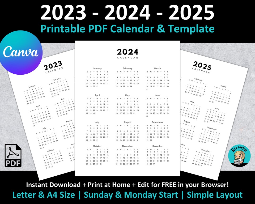 2023 2024 2025 Year To View Calendar Printable PDF CANVA Etsy