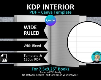 CANVA 7.5x9.25" WIDE Ruled Interior Editable Template Blank Notebook Journal for Amazon KDP | Bleed | 120 Pages Ready to Upload Pdf