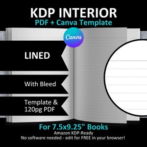 CANVA 7.5x9.25" LINED Interior Editable Template Blank Notebook Journal for Amazon KDP | With Bleed | + 120 Pages Ready to Upload Pdf