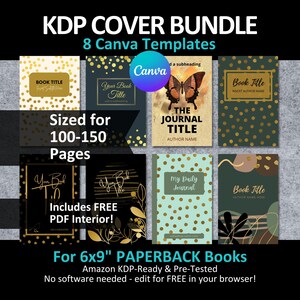 Canva 6x9" KDP PAPERBACK Book Cover Templates Editable Set #3 | + PDF Lined Interiors 100-150 Pages | Gold Amazon Notebook Journal Covers
