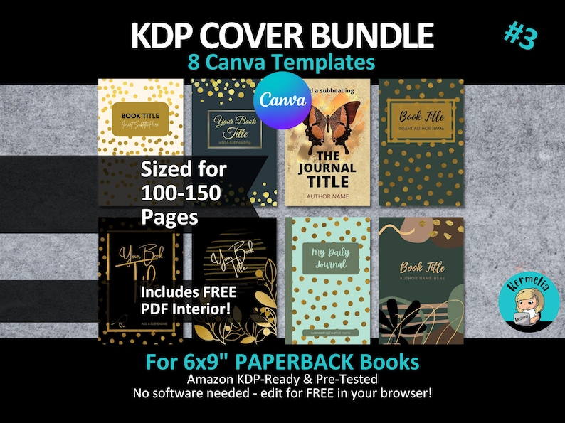 Canva 6x9" KDP PAPERBACK Book Cover Templates Editable Set #3 | + PDF Lined Interiors 100-150 Pages | Gold Amazon Notebook Journal Covers image 1